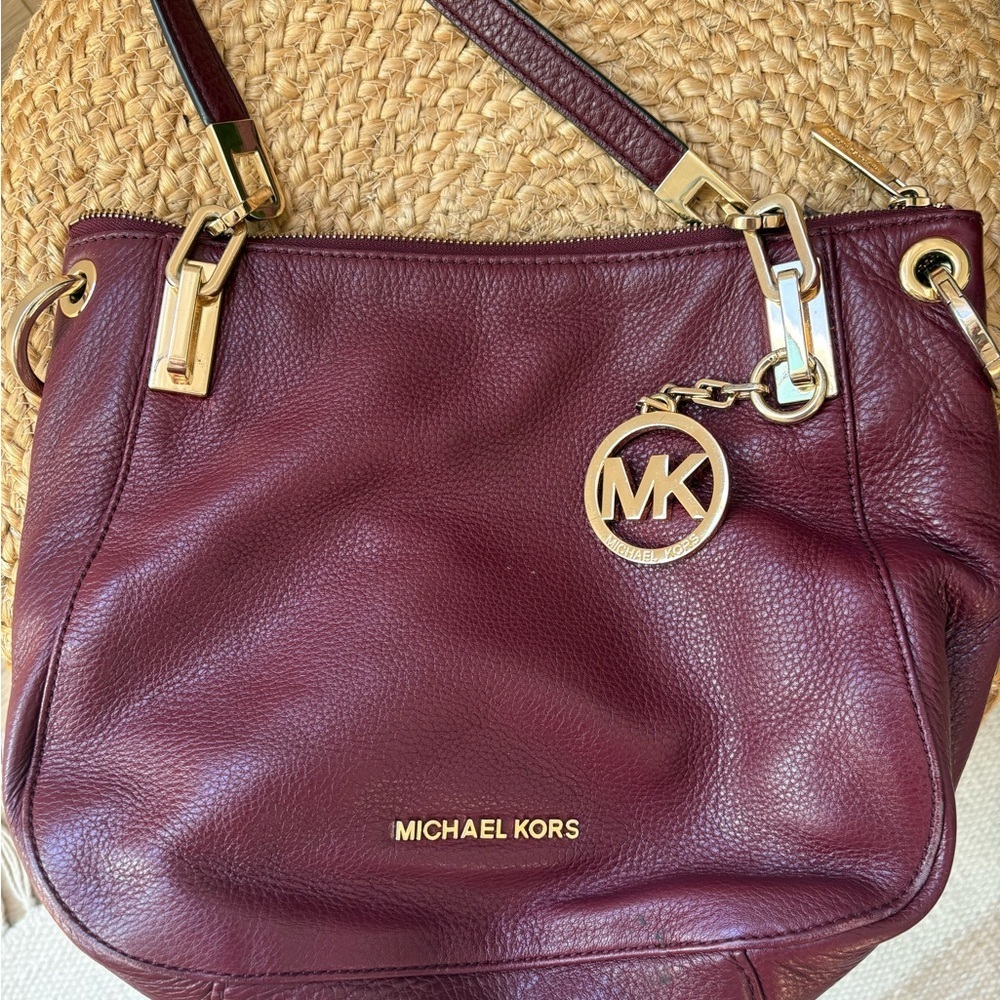 Michael Kors Burgundy Leather Shoulder Bag with Gold Hardware